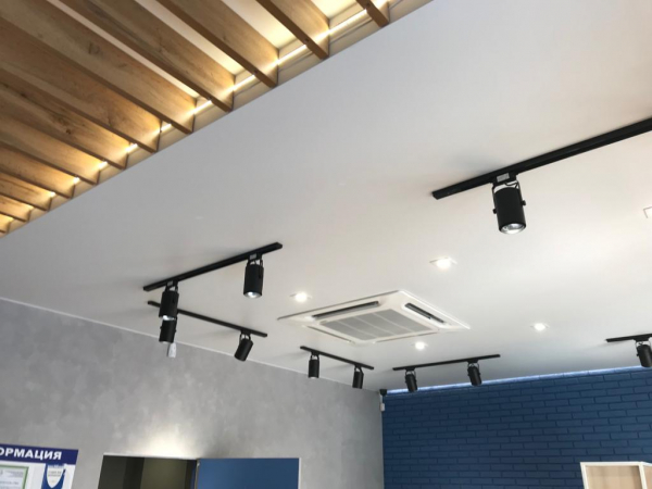 Фото натяжного потолка с трековыми светильниками в частный дом